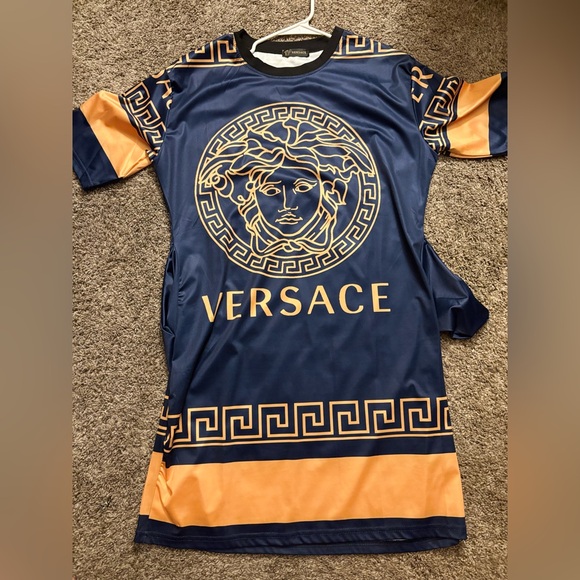 Stretchy Dress with Pockets Blue and Gold Patterned